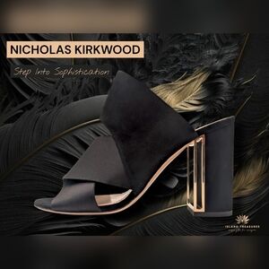 Nicholas Kirkwood Nini Sz 8 Black Suede & Satin Mules Sculptural Heels Peep Toe